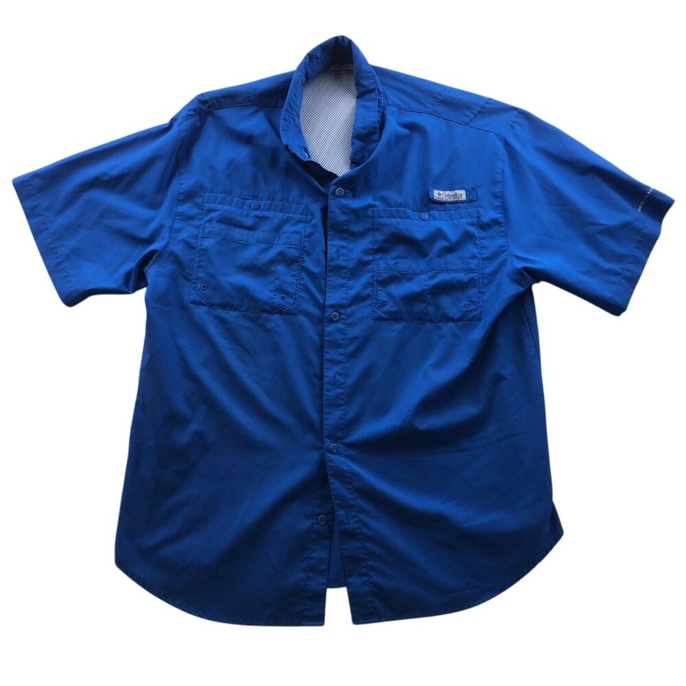 Columbia Mens Fishing Shirt Large Short Sleeve Blue Button Up Vented Outdoors